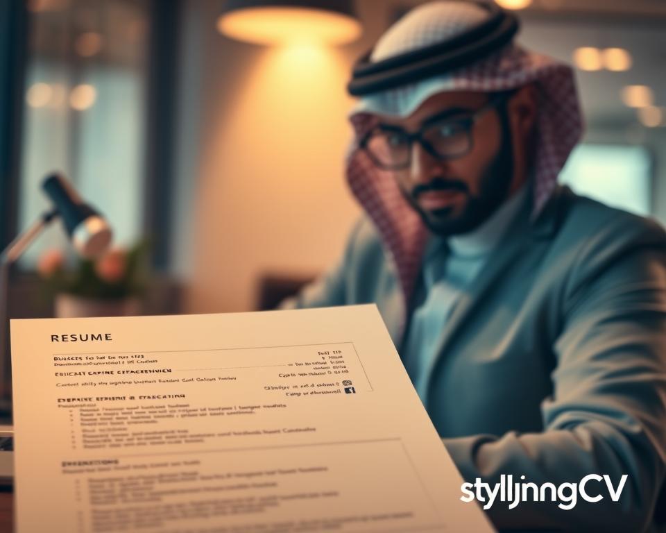 A well-organized and visually engaging resume layout featuring components like education, experience, and skills. In the foreground, a detailed section of a resume illustrates prominent headings and bullet points clearly, with a focus on a professional business individual's qualifications. The middle ground displays additional elements such as icons for various skills and educational degrees in a neat arrangement. The background is a soft-focus office setting, exuding a professional atmosphere with warm lighting, accentuating productivity. A subtle gradient overlays the whole image to create depth. A professional man dressed in traditional KSA attire is reviewing the resume, embodying confidence. The brand name "StylingCV" is subtly integrated into the overall design, ensuring an educational yet inviting tone. A well-organized and visually engaging resume layout featuring components like education, experience, and skills. In the foreground, a detailed section of a resume illustrates prominent headings and bullet points clearly, with a focus on a professional business individual's qualifications. The middle ground displays additional elements such as icons for various skills and educational degrees in a neat arrangement. The background is a soft-focus office setting, exuding a professional atmosphere with warm lighting, accentuating productivity. A subtle gradient overlays the whole image to create depth. A professional man dressed in traditional KSA attire is reviewing the resume, embodying confidence. The brand name "StylingCV" is subtly integrated into the overall design, ensuring an educational yet inviting tone.