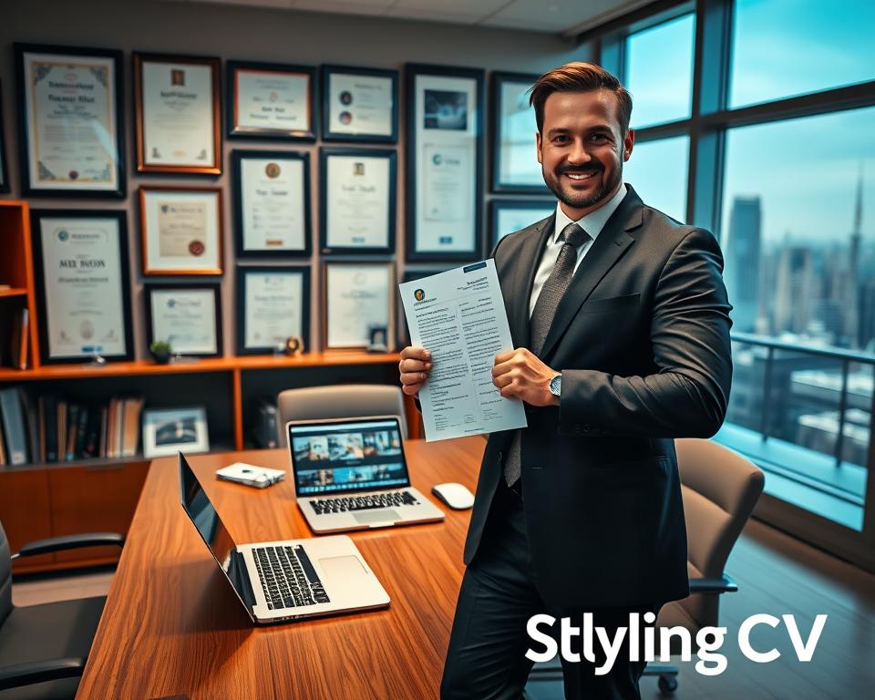 A well-organized office setting showcasing diverse professional achievements. In the foreground, a stylishly dressed man in traditional KSA attire is presenting his CV with a confident and proud demeanor. The middle ground features neatly arranged framed awards, certificates, and a polished wooden desk with a laptop open, displaying a professional portfolio. In the background, a large window lets in natural light, highlighting the sophistication of the space, while city skyline scenery adds depth. The mood is inspiring and motivational, encouraging ambition and professionalism. Lighting is bright yet warm, enhancing the atmosphere of success. Include subtle branding elements of "StylingCV" integrated into the decor, ensuring it reflects elegance and aspiration. A well-organized office setting showcasing diverse professional achievements. In the foreground, a stylishly dressed man in traditional KSA attire is presenting his CV with a confident and proud demeanor. The middle ground features neatly arranged framed awards, certificates, and a polished wooden desk with a laptop open, displaying a professional portfolio. In the background, a large window lets in natural light, highlighting the sophistication of the space, while city skyline scenery adds depth. The mood is inspiring and motivational, encouraging ambition and professionalism. Lighting is bright yet warm, enhancing the atmosphere of success. Include subtle branding elements of "StylingCV" integrated into the decor, ensuring it reflects elegance and aspiration.