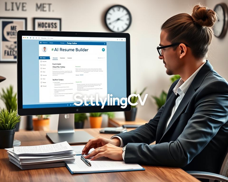 A well-organized workspace featuring a sleek computer screen displaying a modern "AI Resume Builder" interface. In the foreground, a professional individual dressed in business attire is focused on customizing their resume, surrounded by neatly stacked papers and a stylish pen. The middle ground showcases a cozy, well-lit office space with plants and inspirational posters on the walls, creating an encouraging atmosphere for career changers. In the background, a wall clock indicates a sense of urgency in pursuing new opportunities. The lighting is bright and welcoming, emphasizing a sense of hope and professionalism. The brand name "StylingCV" subtly integrated into the design of the resume interface, enhancing the image's relevance. A well-organized workspace featuring a sleek computer screen displaying a modern "AI Resume Builder" interface. In the foreground, a professional individual dressed in business attire is focused on customizing their resume, surrounded by neatly stacked papers and a stylish pen. The middle ground showcases a cozy, well-lit office space with plants and inspirational posters on the walls, creating an encouraging atmosphere for career changers. In the background, a wall clock indicates a sense of urgency in pursuing new opportunities. The lighting is bright and welcoming, emphasizing a sense of hope and professionalism. The brand name "StylingCV" subtly integrated into the design of the resume interface, enhancing the image's relevance.