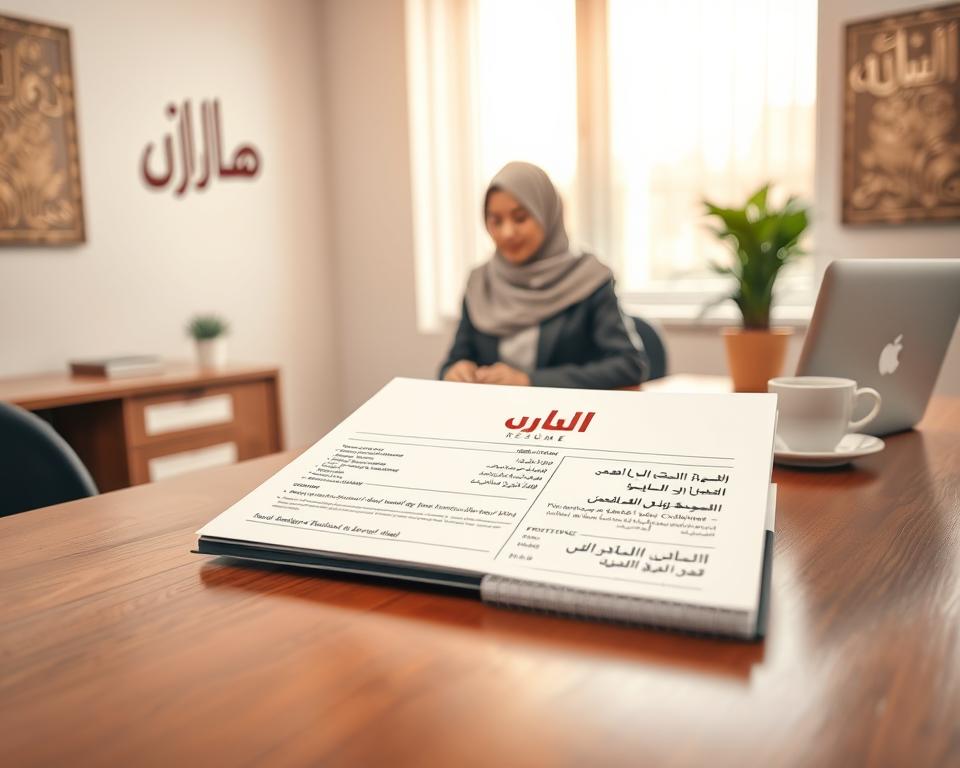 A well-organized workspace featuring an Arabic resume layout on a polished wooden desk. In the foreground, there’s a beautifully designed resume with sections for personal information, skills, and experience, written in Arabic script alongside English translations, showcasing a bilingual format. In the middle, a professional individual dressed in modest business attire examines the resume, with focused expressions, symbolizing the importance of language in job applications. The background features soft, natural lighting filtering through a large window, creating a warm and inviting atmosphere. Subtle hints of Arabic calligraphy adorn the walls, enhancing the theme of cultural relevance, while a laptop and a cup of coffee add to the professional setting. The overall mood is one of professionalism and attention to detail. A well-organized workspace featuring an Arabic resume layout on a polished wooden desk. In the foreground, there’s a beautifully designed resume with sections for personal information, skills, and experience, written in Arabic script alongside English translations, showcasing a bilingual format. In the middle, a professional individual dressed in modest business attire examines the resume, with focused expressions, symbolizing the importance of language in job applications. The background features soft, natural lighting filtering through a large window, creating a warm and inviting atmosphere. Subtle hints of Arabic calligraphy adorn the walls, enhancing the theme of cultural relevance, while a laptop and a cup of coffee add to the professional setting. The overall mood is one of professionalism and attention to detail.