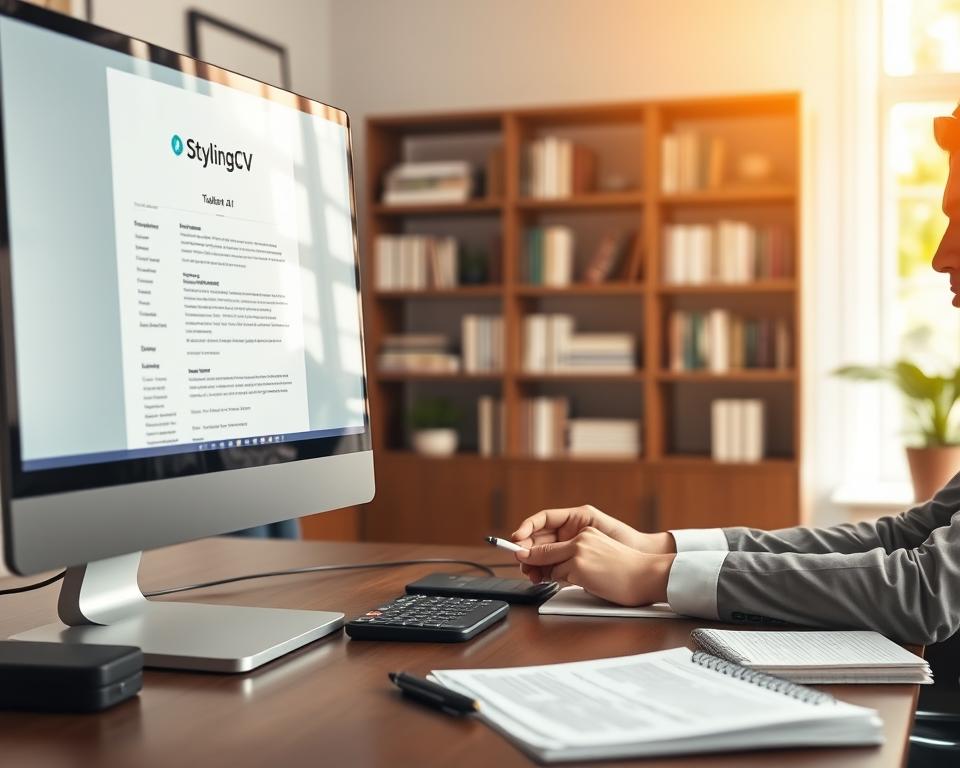 A well-organized workspace focused on tailoring resumes with AI. In the foreground, a computer screen displays a modern, sophisticated resume being crafted using AI software, branded with the logo "StylingCV." A professional person in business attire is seated, attentively typing and referring to notes, conveying concentration and engagement. In the middle ground, an elegant wooden desk is cluttered with tools of the trade: a notepad, a pen, and reference materials about resume writing. The background features soft-focus bookshelves filled with career development guides and a stylish potted plant adding a touch of life. Warm daylight filters in through a window, creating an inviting, focused atmosphere, with a slight bokeh effect on the background to enhance the sense of professionalism. A well-organized workspace focused on tailoring resumes with AI. In the foreground, a computer screen displays a modern, sophisticated resume being crafted using AI software, branded with the logo "StylingCV." A professional person in business attire is seated, attentively typing and referring to notes, conveying concentration and engagement. In the middle ground, an elegant wooden desk is cluttered with tools of the trade: a notepad, a pen, and reference materials about resume writing. The background features soft-focus bookshelves filled with career development guides and a stylish potted plant adding a touch of life. Warm daylight filters in through a window, creating an inviting, focused atmosphere, with a slight bokeh effect on the background to enhance the sense of professionalism.