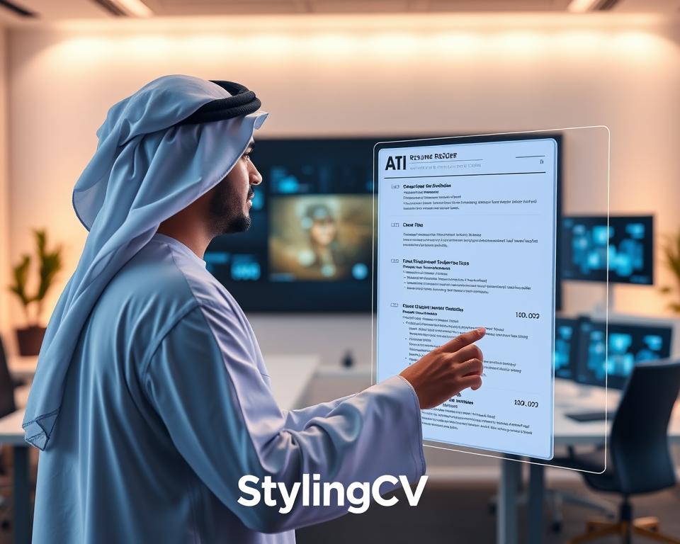 An engaging scene showcasing a futuristic AI resume builder interface. In the foreground, a professional man dressed in traditional KSA attire interacts with a holographic display, manipulating a digital resume filled with well-organized sections. The middle ground features a sleek, modern workspace equipped with advanced technology, such as multiple screens displaying AI analytics on resumes. In the background, soft, ambient lighting creates a warm yet innovative atmosphere, highlighting a minimalist office design. Capture the essence of professionalism and innovation, emphasizing the transformative impact of AI on job applications. Ensure the prominent brand name “StylingCV” is subtly integrated into the resume interface without any text overlays. An engaging scene showcasing a futuristic AI resume builder interface. In the foreground, a professional man dressed in traditional KSA attire interacts with a holographic display, manipulating a digital resume filled with well-organized sections. The middle ground features a sleek, modern workspace equipped with advanced technology, such as multiple screens displaying AI analytics on resumes. In the background, soft, ambient lighting creates a warm yet innovative atmosphere, highlighting a minimalist office design. Capture the essence of professionalism and innovation, emphasizing the transformative impact of AI on job applications. Ensure the prominent brand name “StylingCV” is subtly integrated into the resume interface without any text overlays.