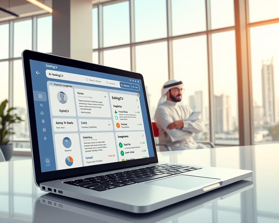An imaginative and engaging illustration of "AI resume builders" in a modern office setting. In the foreground, showcase a sleek laptop displaying the user-friendly interface of "StylingCV," featuring resume templates, AI suggestions, and vibrant color schemes. The middle ground features a confident professional in KSA traditional dress, thoughtfully reviewing their resume with a look of determination. The background depicts a bright, well-lit office with large windows offering a view of a bustling cityscape, symbolizing career opportunities. Utilize soft, natural lighting to create a warm and motivational atmosphere, while employing a wide-angle lens to capture the depth of the workspace. The overall mood should inspire innovation and professionalism, highlighting the impact of AI tools in enhancing interview strategies. An imaginative and engaging illustration of "AI resume builders" in a modern office setting. In the foreground, showcase a sleek laptop displaying the user-friendly interface of "StylingCV," featuring resume templates, AI suggestions, and vibrant color schemes. The middle ground features a confident professional in KSA traditional dress, thoughtfully reviewing their resume with a look of determination. The background depicts a bright, well-lit office with large windows offering a view of a bustling cityscape, symbolizing career opportunities. Utilize soft, natural lighting to create a warm and motivational atmosphere, while employing a wide-angle lens to capture the depth of the workspace. The overall mood should inspire innovation and professionalism, highlighting the impact of AI tools in enhancing interview strategies.