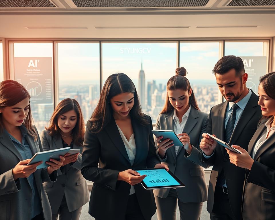 An insightful depiction of the 2025 job market trends, showcasing individuals in professional business attire engaged with advanced AI technology on sleek devices. In the foreground, a diverse group of candidates reviews an AI-driven resume scoring system on tablets, their expressions reflecting curiosity and determination. The middle layer features a modern office environment with futuristic elements, like holographic displays and smart boards illustrating data trends. In the background, a panoramic window reveals a vibrant city skyline, symbolizing growth and opportunity. Soft, ambient lighting highlights the innovative atmosphere, while a slightly elevated perspective captures the dynamic interaction between humans and AI. The image includes subtle branding elements of "StylingCV" integrated into the tech interfaces, fostering a cohesive theme of embracing AI in the job application process. An insightful depiction of the 2025 job market trends, showcasing individuals in professional business attire engaged with advanced AI technology on sleek devices. In the foreground, a diverse group of candidates reviews an AI-driven resume scoring system on tablets, their expressions reflecting curiosity and determination. The middle layer features a modern office environment with futuristic elements, like holographic displays and smart boards illustrating data trends. In the background, a panoramic window reveals a vibrant city skyline, symbolizing growth and opportunity. Soft, ambient lighting highlights the innovative atmosphere, while a slightly elevated perspective captures the dynamic interaction between humans and AI. The image includes subtle branding elements of "StylingCV" integrated into the tech interfaces, fostering a cohesive theme of embracing AI in the job application process.
