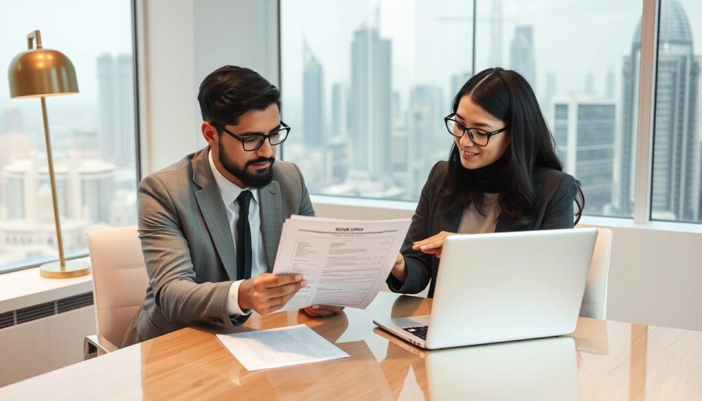 Client collaborating with professional resume writer in GCC office Client collaborating with professional resume writer in GCC office