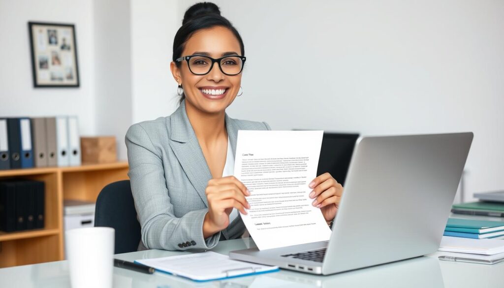 Confident job seeker submitting a well-crafted cover letter for a job application Confident job seeker submitting a well-crafted cover letter for a job application