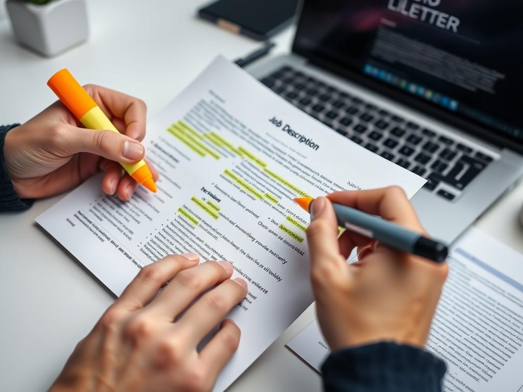 Person highlighting key phrases in a job description to customize cover letter opening Person highlighting key phrases in a job description to customize cover letter opening