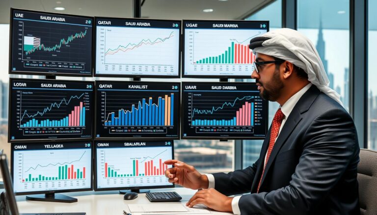 Professional analyzing GCC job market trends on digital screens
