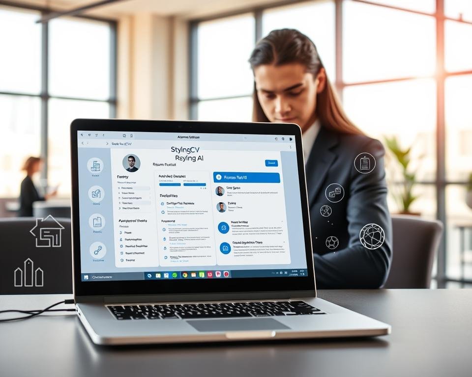 A modern digital workspace showcasing the impact of AI on job applications and hiring trends in 2026. In the foreground, a sleek laptop displaying a sophisticated AI resume builder interface branded with "StylingCV." Surrounding the laptop, subtle elements like application forms, graphs, and futuristic icons representing hiring trends. In the middle ground, a professional young adult, dressed in smart business attire, intently reviewing their resume on the laptop, with a focused expression. The background features a stylish office environment with large windows allowing soft natural light to filter in, creating a bright atmosphere. The overall mood is optimistic and forward-looking, reflecting innovation and the transformative power of AI in modern job applications.