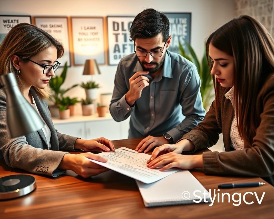 A close-up shot of a diverse group of three professionals, including a focused woman in a tailored blazer, a thoughtful man in a smart casual shirt, and a younger individual in a stylish yet modest outfit, collaborating on a resume at a wooden desk. The scene showcases their hands actively adjusting the document, symbolizing the personal touch in manual resume crafting. In the background, a softly lit office space with motivational posters and potted plants creates an inviting atmosphere. The light comes from a desk lamp, casting warm tones on their engaged expressions and the resume, enhancing the mood of creativity and cooperation. The logo "StylingCV" subtly appears on a notebook at the corner of the desk.