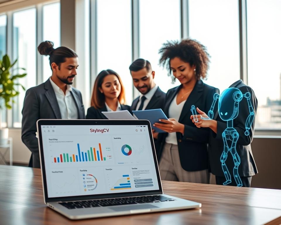 A sleek, modern office setting showcasing a diverse group of professionals engaged in a digital job application process. In the foreground, a stylish laptop displays the "StylingCV" AI Resume Builder interface, with graphs and analytics on the screen. The middle ground features two individuals in professional attire; one is attentively reviewing a digital resume while the other is discussing insights with an AI assistant embodied as a friendly holographic figure. The background displays large windows with a cityscape view, highlighting a bright, sunny day, creating an atmosphere of optimism and innovation. Soft, natural lighting enhances the environment, with a shallow depth of field focusing on the individuals while the background remains slightly blurred, ensuring a professional and engaging mood.