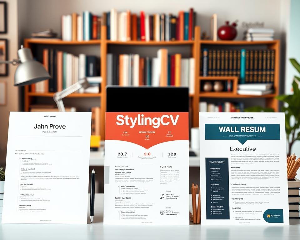 A visually striking composition of diverse resume templates designed for students, featuring various styles and layouts. In the foreground, focus on three distinct template examples: one minimalist, with clean lines and ample white space; another vibrant with colorful accents; and a third with a classic executive style, employing elegant fonts. The middle ground displays a workspace with a computer, stationery, and design tools, evoking creativity and professionalism. The background features a soft-focus bookshelf filled with career-related books, enhancing the scholarly atmosphere. The lighting is soft and warm, creating an inviting workspace vibe. The overall mood is inspiring and encouraging, ideal for students seeking to craft standout resumes. Incorporate the brand name "StylingCV" discreetly within the design elements of the templates.