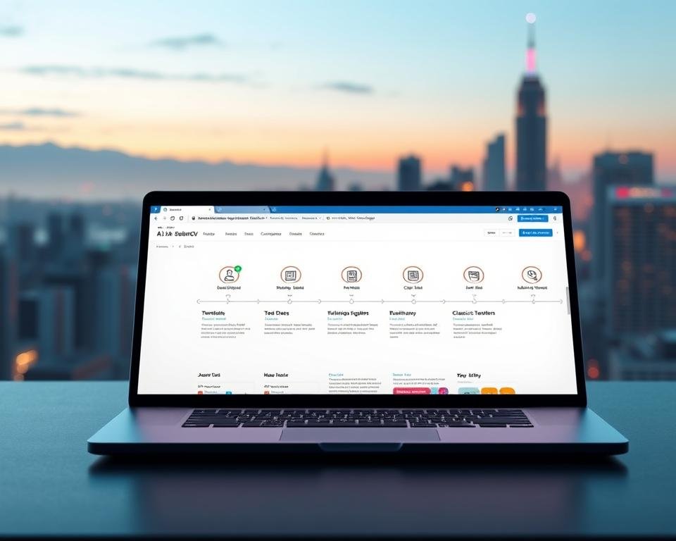 A digital artwork illustrating the evolution of AI resume builders, featuring three distinct stages displayed horizontally. In the foreground, a sleek laptop with an open resume builder interface showcasing modern features. In the middle, a timeline with icons of older resume building tools like templates and classic text editors, all under soft, diffused lighting for a professional yet inviting atmosphere. In the background, a futuristic cityscape symbolizing technological advancement. The colors should gradually transition from traditional shades of blue and gray on the left to vibrant, innovative hues on the right. The scene should evoke a sense of progress and modernity, clearly representing "StylingCV" as an example of cutting-edge AI resume technology.
