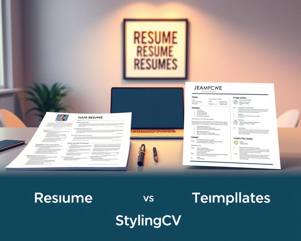 A side-by-side comparison illustration of "Resume Examples" versus "Resume Templates." In the foreground, two distinct resumes on a sleek modern desk. The left resume is a well-organized traditional example, showcasing rich details and thorough content. The right resume is a visually striking template with bold design elements and concise information. In the middle ground, an open laptop displays a digital sample of both types, while a few stationery items like a notebook and pen lay neatly beside them. The background features a softly lit office environment with a motivational poster on the wall. The lighting is warm and inviting, creating a professional atmosphere, captured from a slightly elevated angle for clarity. The image subtly integrates the brand name "StylingCV" into the desk materials, enhancing visual identity without distractions.