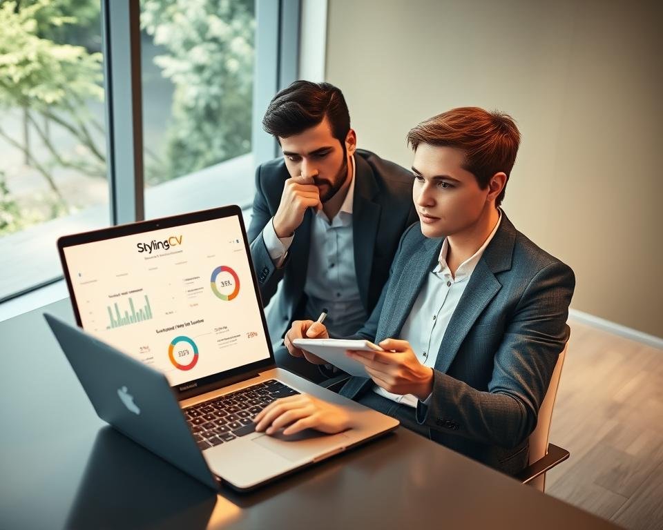 A modern office environment showcasing a professional in business attire, seated at a sleek desk with a laptop open, displaying a vibrant AI interface analyzing a resume. In the foreground, the laptop screen glows with detailed graphs and metrics, highlighting "StylingCV" prominently. The middle ground features a thoughtful expression on the person's face as they take notes on a notepad, reflecting deep engagement with the feedback process. The background shows a large window with natural light streaming in, illuminating greenery outside, creating an inviting and productive atmosphere. The overall mood is focused and inspiring, emphasizing the innovative use of AI in enhancing resume quality. Use soft, warm lighting to enhance the positive ambiance of the workspace, and a high-angle perspective to capture the entire scene effectively.