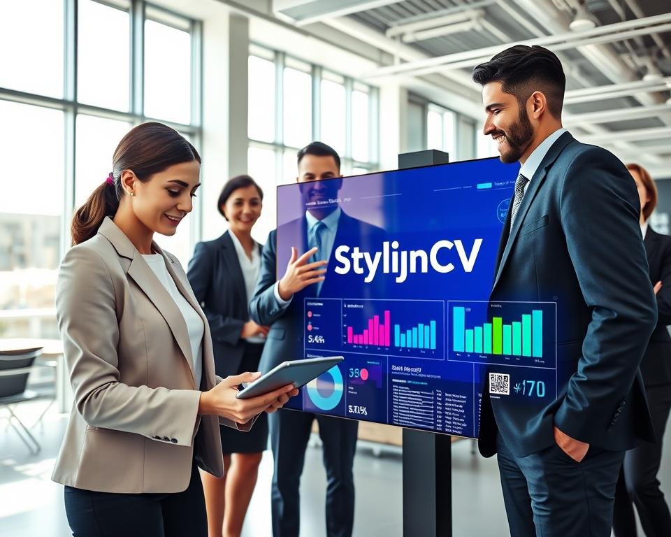 A sleek, modern workspace featuring a diverse group of professionals in business attire, collaborating over a dynamic digital interface displaying various graphs and metrics symbolizing skill and achievement optimization. In the foreground, a confident woman analyzes a colorful resume on her tablet, highlighting the integration of AI in enhancing job applications. In the middle, a man gestures toward a large screen showcasing the "StylingCV" logo, illustrating the impact of machine learning on resume writing. The background features a bright, airy office with large windows allowing natural light to flood in, creating an inspiring atmosphere. The perspective should capture a wide angle to emphasize innovation and teamwork. The mood is optimistic and focused, reflecting the future of job searches transformed by technology.