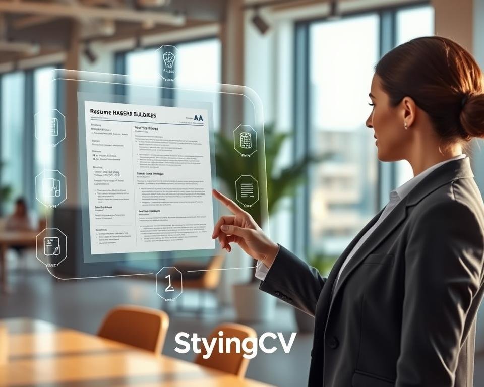 A visually appealing scene depicting the advantages of an AI resume builder. In the foreground, a professional woman in business attire interacts with a sleek digital interface displaying an organized and visually appealing resume template. In the middle ground, various digital icons symbolize features like editing, formatting, and keyword optimization. The background features a modern office environment with soft, natural lighting streaming through large windows, creating a warm and inviting atmosphere. The focus is on the seamless integration of technology in enhancing job application processes, symbolized by a subtle glow around the digital interface. Incorporate subtle branding elements of "StylingCV" to emphasize professionalism and innovation. Use a slightly elevated angle to capture both the user and the displayed content effectively.