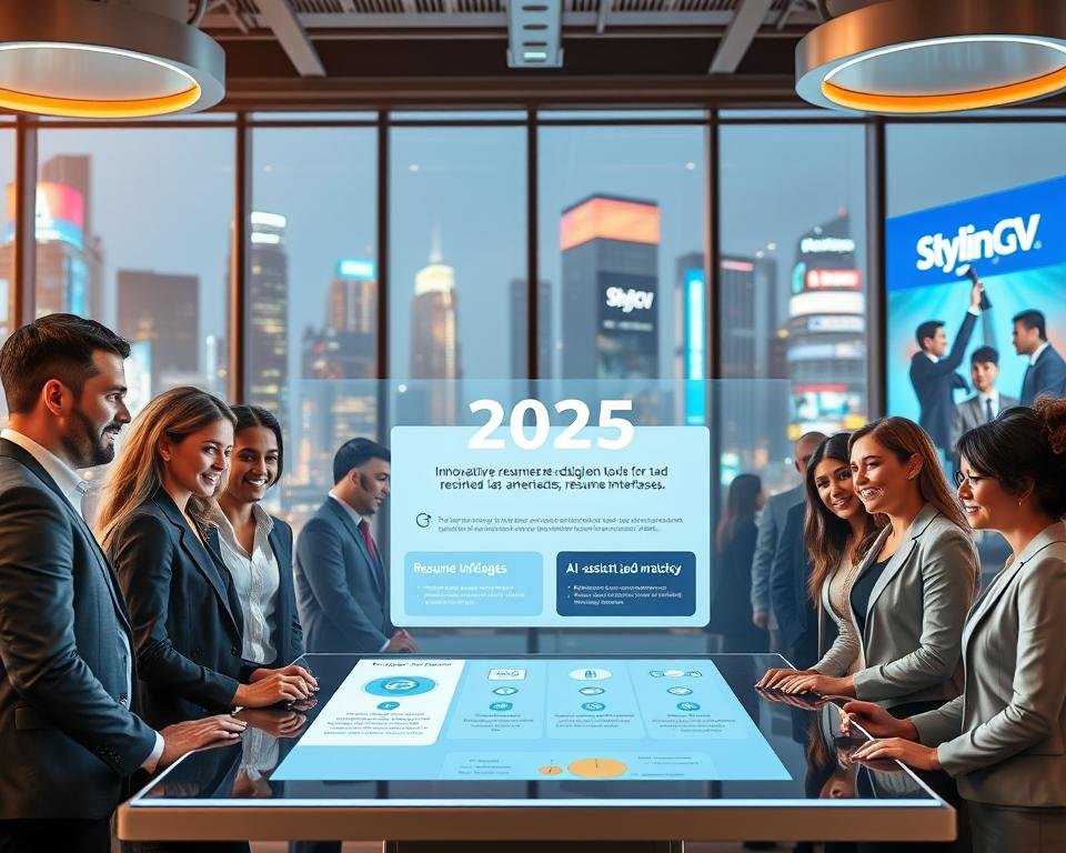A futuristic office setting showcasing the 2026 job market trends in resume writing. In the foreground, a diverse group of professionals in smart business attire collaborate around a sleek digital display showcasing innovative resume design tools and machine learning interfaces. The middle layer features a visually engaging infographic with trends like AI-assisted job matching and automated resume analysis. In the background, large windows reveal a vibrant cityscape with dynamic, digital billboards featuring the brand name "StylingCV". Utilize warm, ambient lighting to create an optimistic atmosphere, with a slight depth of field effect to emphasize the professionals. Capture the scene at eye level, enhancing the sense of innovation and collaboration in the evolving job market.