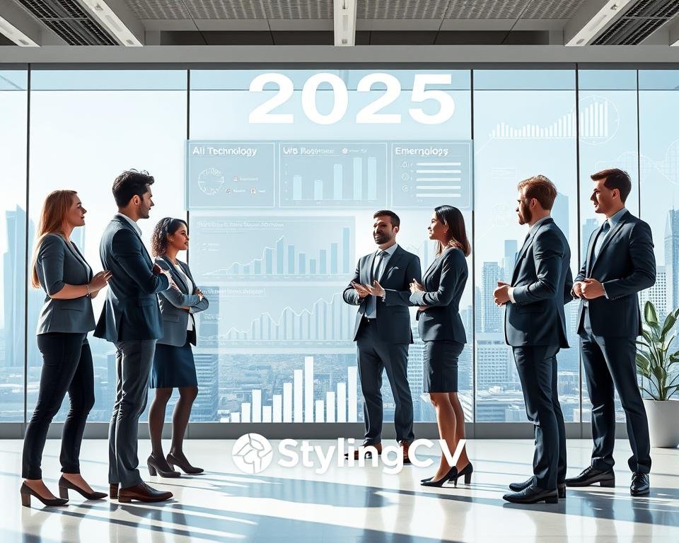 A futuristic office environment showcasing the 2026 job market trends, with an insightful visual representation of various professions. In the foreground, a diverse group of professionals in smart attire discussing AI tools, such as a digital resume builder, exemplifying innovation and collaboration. In the middle ground, clear graphs and infographics visually depict job growth in technology and emerging industries, highlighting AI's role in job applications. The background features a sleek skyline of a modern city with hints of digital interfaces and holograms. Emphasize bright, natural lighting to create an optimistic atmosphere. The scene captures the essence of a forward-thinking workforce, with a subtle logo of "StylingCV" integrated into the design.