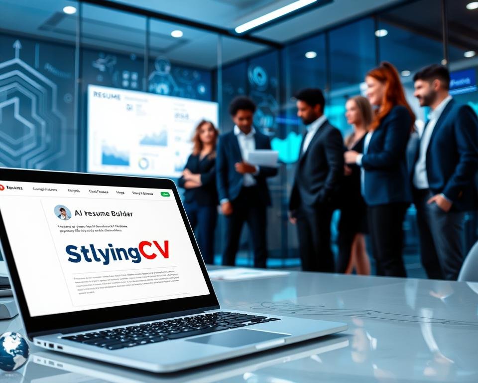 A futuristic office workspace showcasing the concept of AI job application optimization. In the foreground, a sleek laptop displays an open AI resume builder interface branded with "StylingCV". To the left, a diverse group of professionals dressed in smart business attire collaborates, analyzing resumes and discussing strategies. In the middle ground, a large digital screen shows visual graphs and analytics on resume performance. The background features glass walls with abstract designs representing technology, creating a modern and innovative atmosphere. Soft blue and white lighting enhances the professional look, while a slight depth of field adds focus to the foreground elements, conveying a sense of optimism and progress in the job application process.