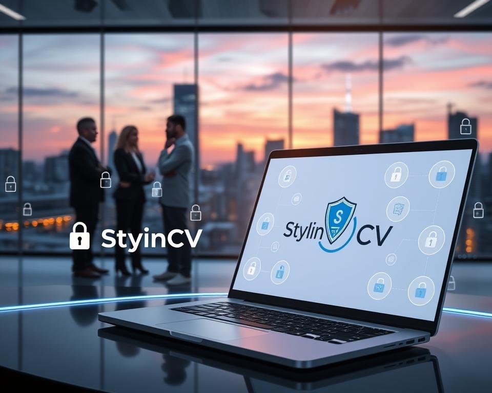A futuristic scene depicting a secure AI resume builder interface with a focus on data security features. In the foreground, a laptop screen displays the StylingCV logo prominently, surrounded by digital security icons like locks and shields. The middle ground features a sleek, modern office setting with a diverse group of professionals in business attire, engaged in a discussion about data safety. The background reveals a high-tech city skyline under a twilight sky, with glowing data streams representing secure information flow. The lighting is soft yet bright, emphasizing trust and innovation. The mood is focused and professional, highlighting the importance of data security in AI applications.
