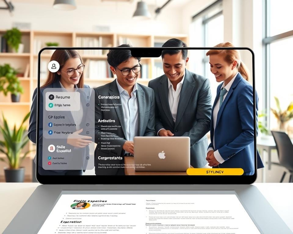 A visually appealing illustration showcasing the features of a top-notch student AI resume builder by StylingCV. In the foreground, a sleek digital interface displays various sections of a resume being customized, such as skills, education, and experience, with vibrant icons and an intuitive design. In the middle ground, a diverse group of students, dressed in professional business attire, collaborate around a laptop, enthusiastically discussing their resumes. The background features a modern, well-lit study space with bookshelves and plants, fostering a productive atmosphere. The lighting is bright and inviting, highlighting innovation and creativity. Use a wide-angle lens to capture the collaborative spirit, aiming for a warm and motivational mood conducive to learning and career growth.