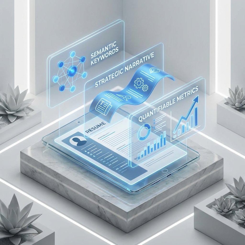 Anatomy of a Modern Digital Resume showing Semantic Keywords, Strategic Narrative, and Metrics