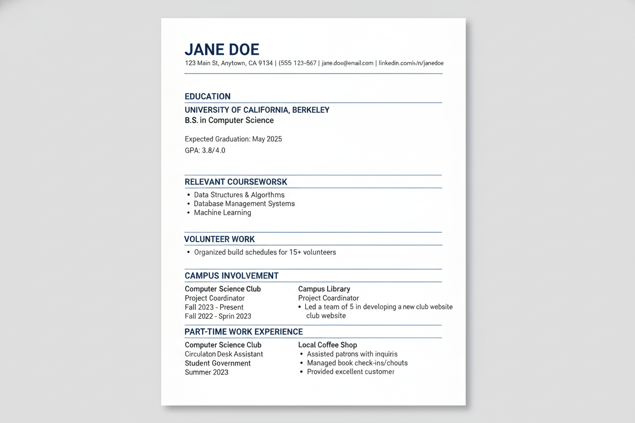 Internship applicant ATS resume template