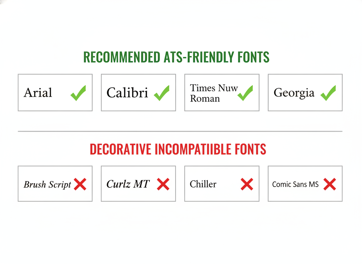 Font comparison showing ATS friendly versus incompatible fonts