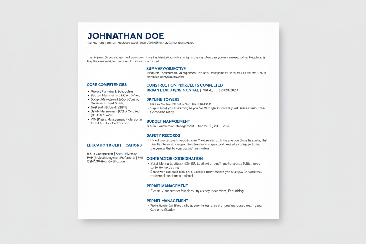 Construction project manager ATS resume template