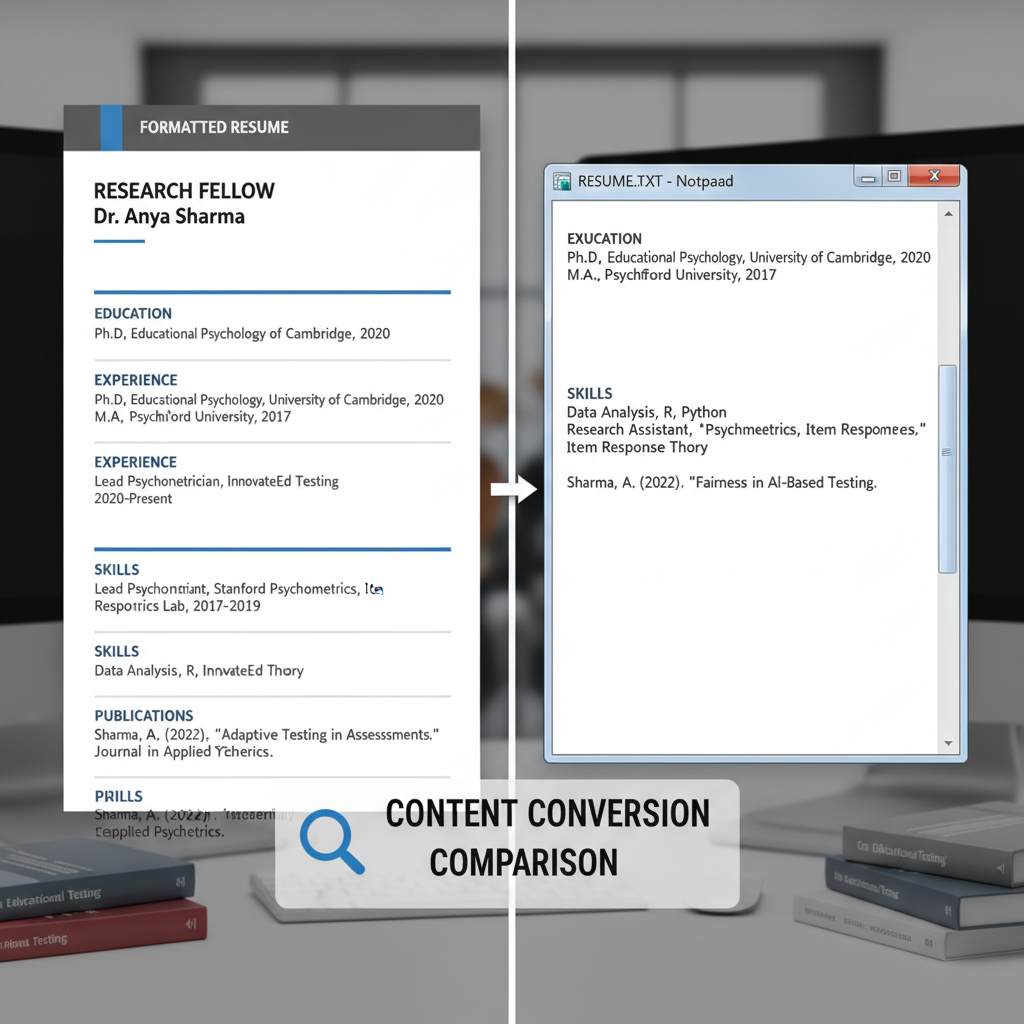 Plain text conversion test showing resume content