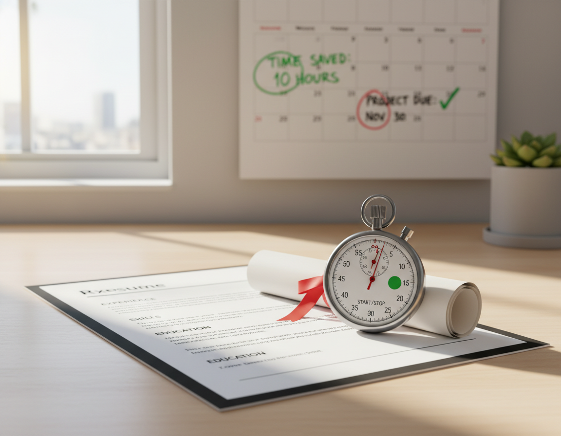 Time-saving concept with clock and completed resume template