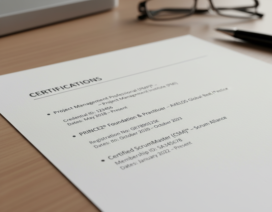 Project management certification section in ATS resume template