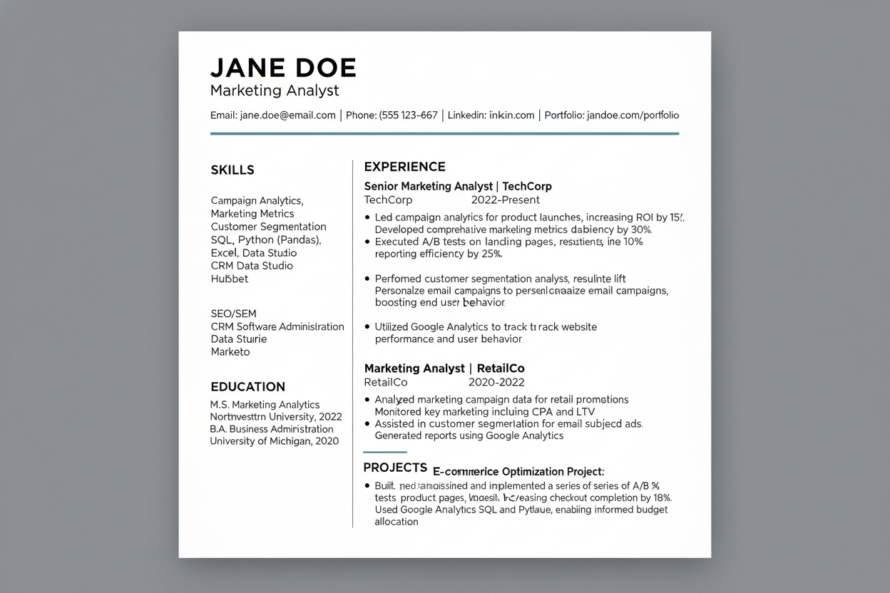 Marketing analyst ATS resume template