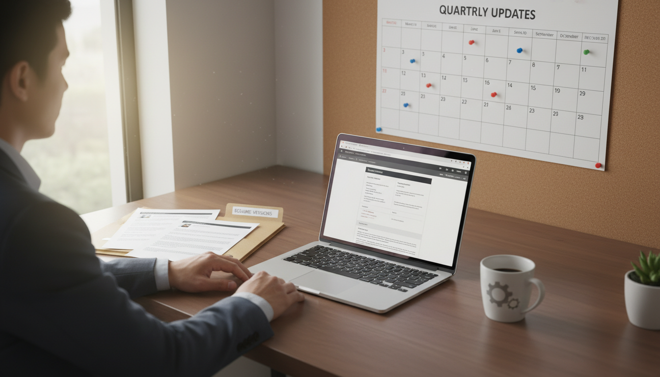 Professional updating resume on laptop with calendar showing regular schedule