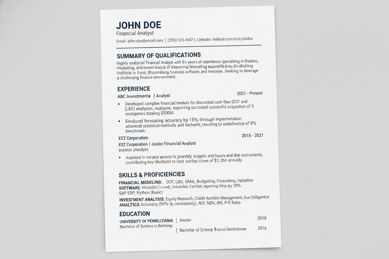 Financial analyst resume template for ATS systems